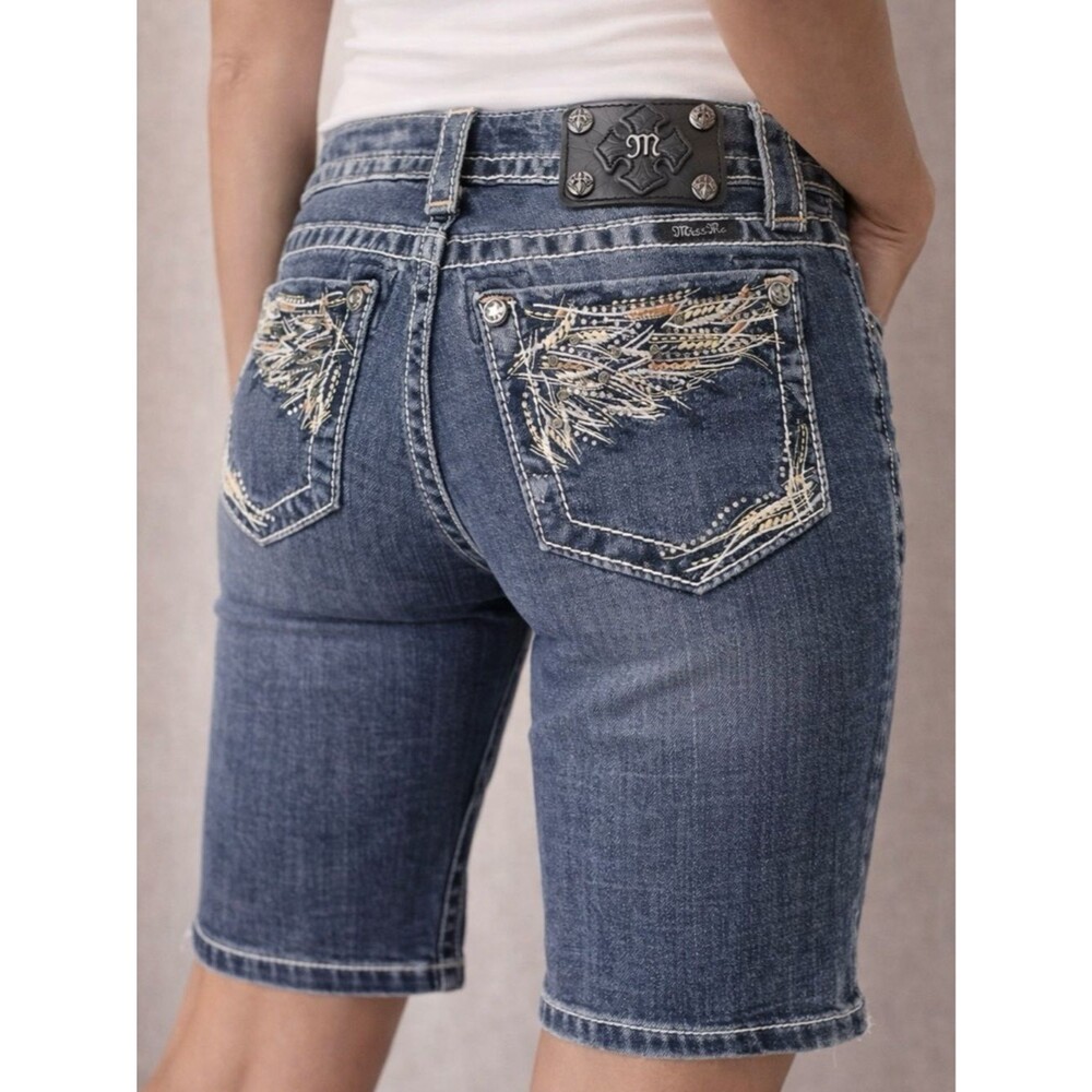 Miss Me Shorts Y2K Embroidered Feather Wings Long Jean Shorts Dark Wash Size 26